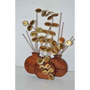 Vintage HOMCO MCM Hopi Sculpture Wood Planter Brass Leaves 16" wall decor